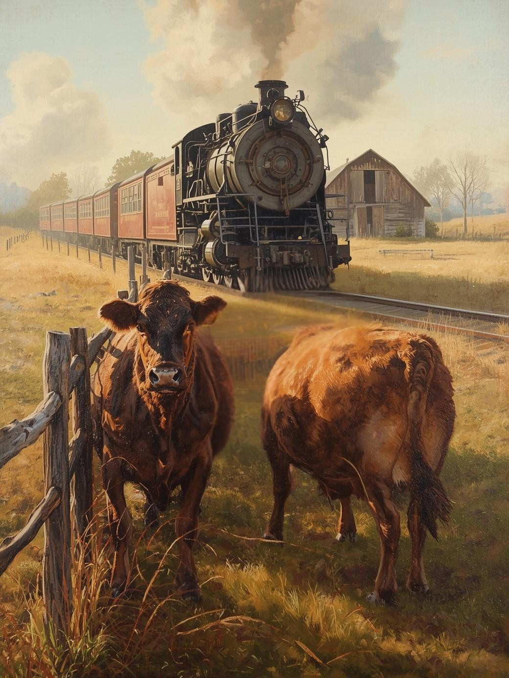 Paint by Number Steam Train Rolling Past a Peaceful Farm with Grazing Cows – Rustic Landscape Acrylic Paint by Number Kit