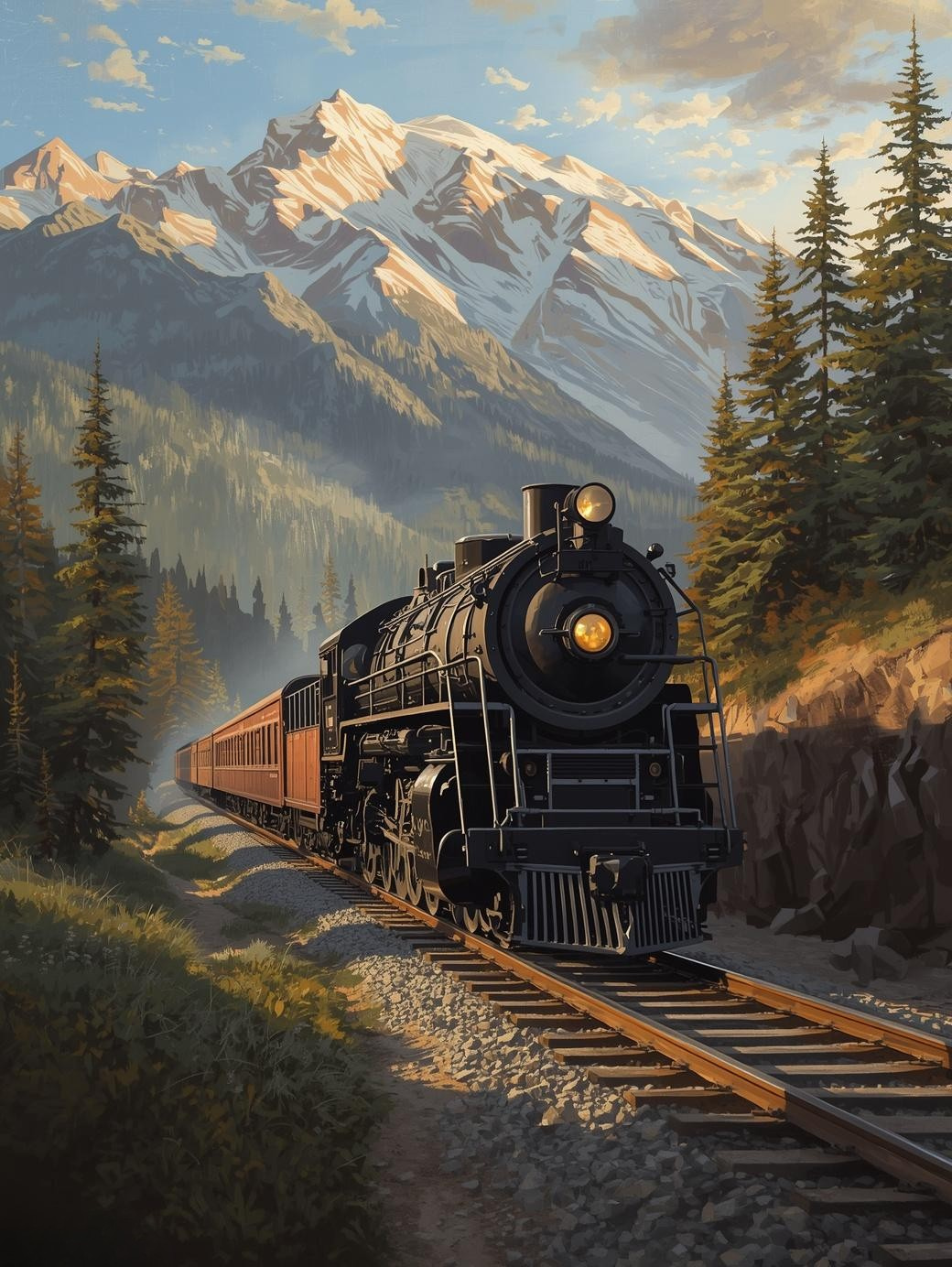 Paint by Number Vintage Locomotive in Majestic Mountains – Nature Landscape Paint by Number Canvas Kit