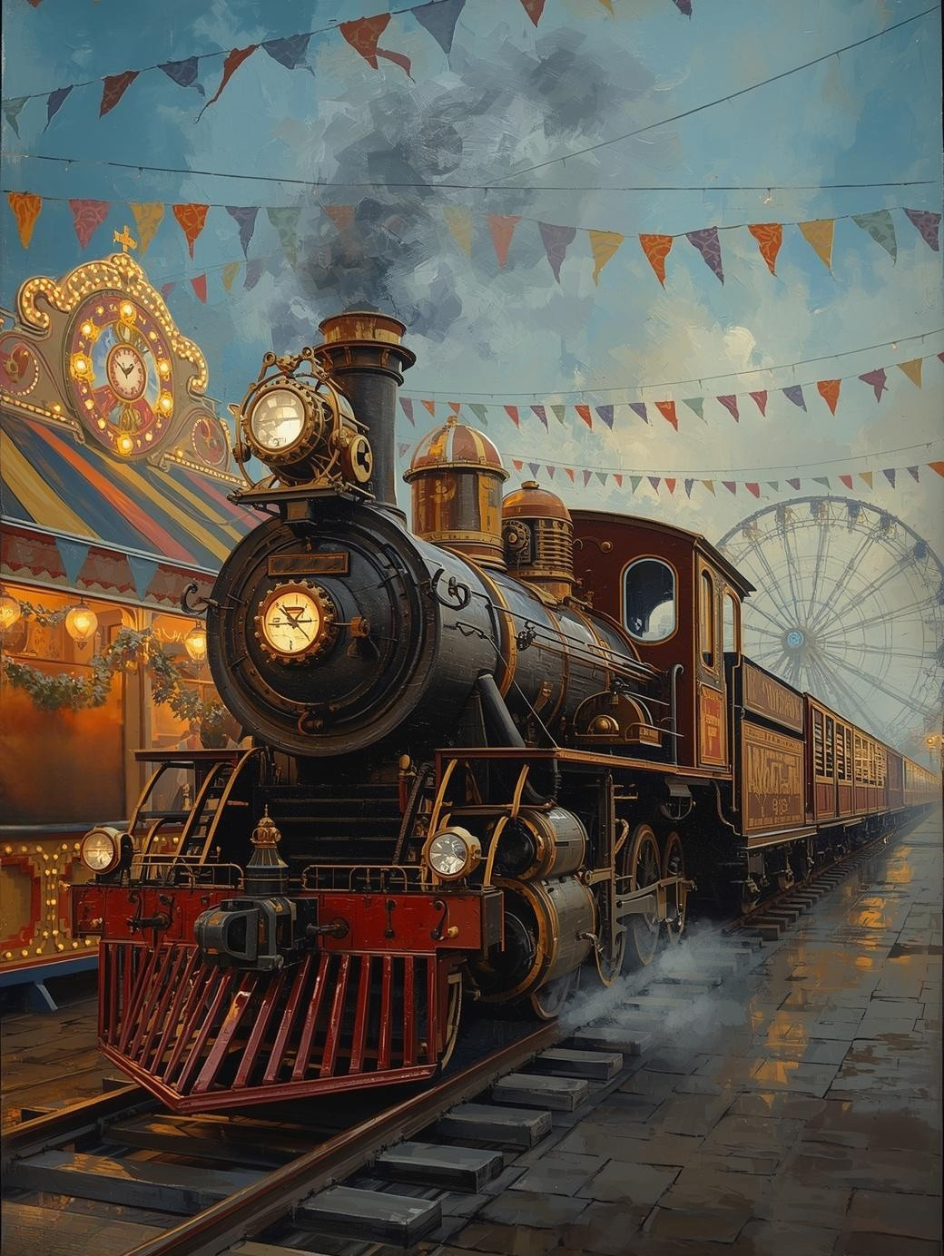 Paint by Number Steampunk Train at Fairgrounds – Fantasy Railway Acrylic Paint by Number Kit