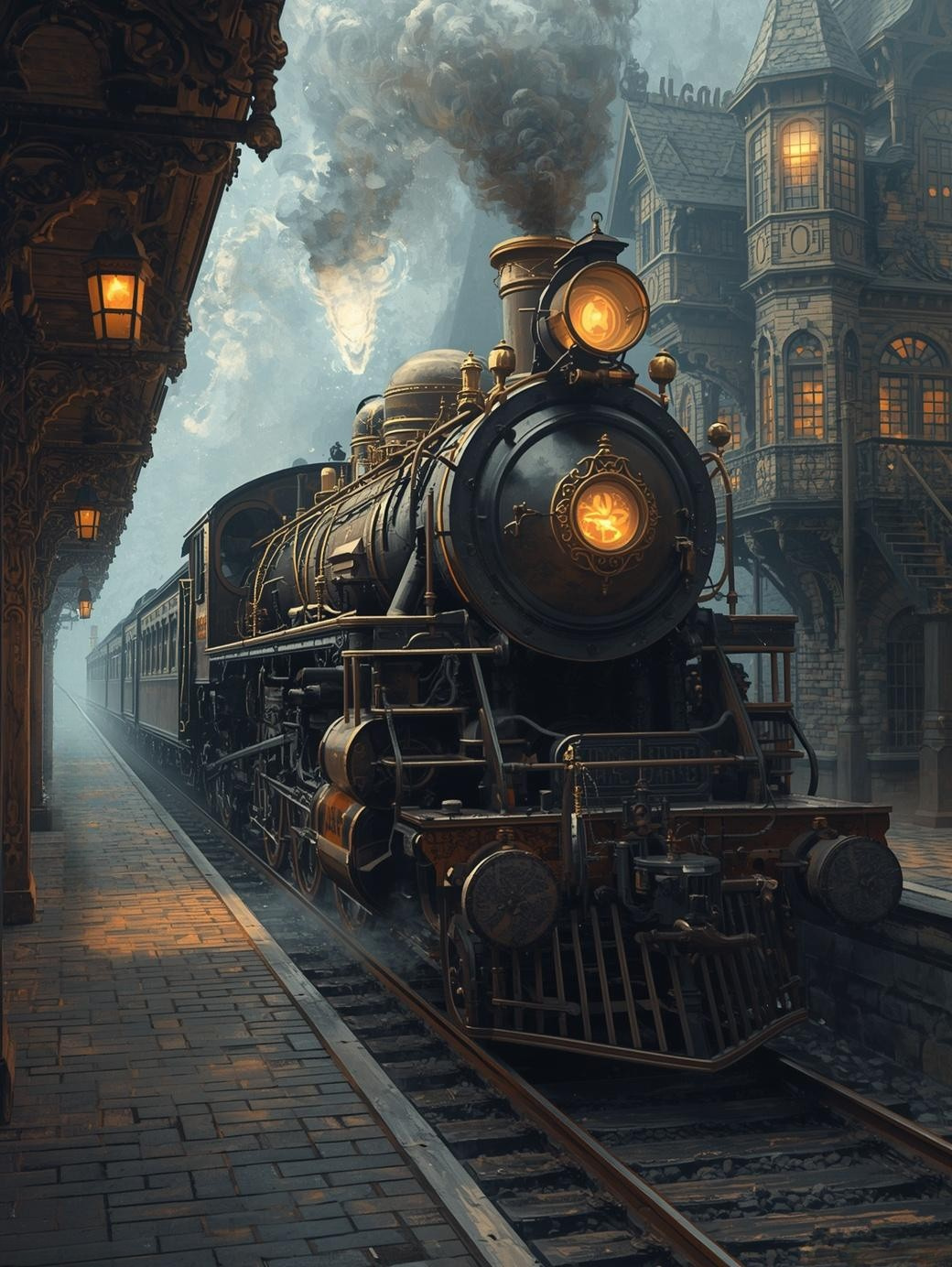 Paint by Number Steam Train Rolling Through a Charming Victorian Village – Classic Old World DIY Paint Kit for Adults