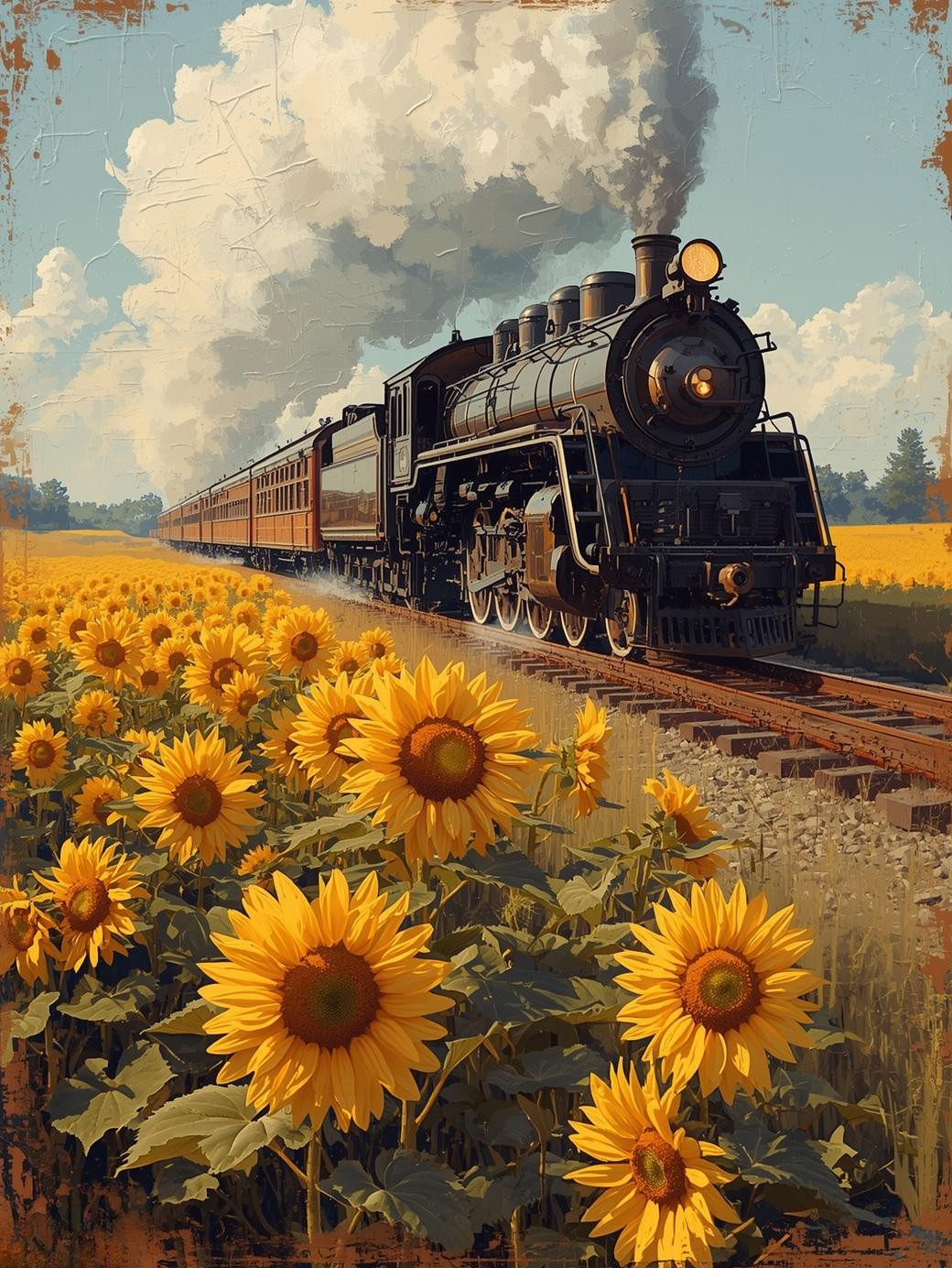 Paint by Number Steam Train Through Golden Sunset Over Sunflower Farm – Bright Country DIY Paint Kit for Adults