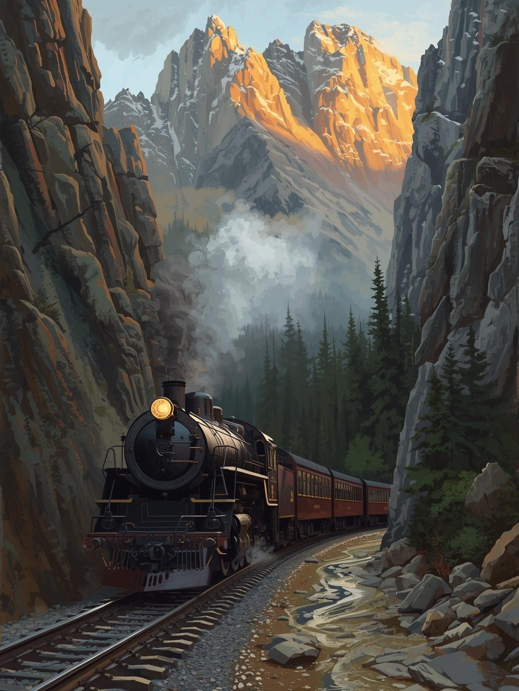 Paint by Number Old-Fashioned Train Through Mountain Pass – Classic Railway DIY Paint Kit for Adults