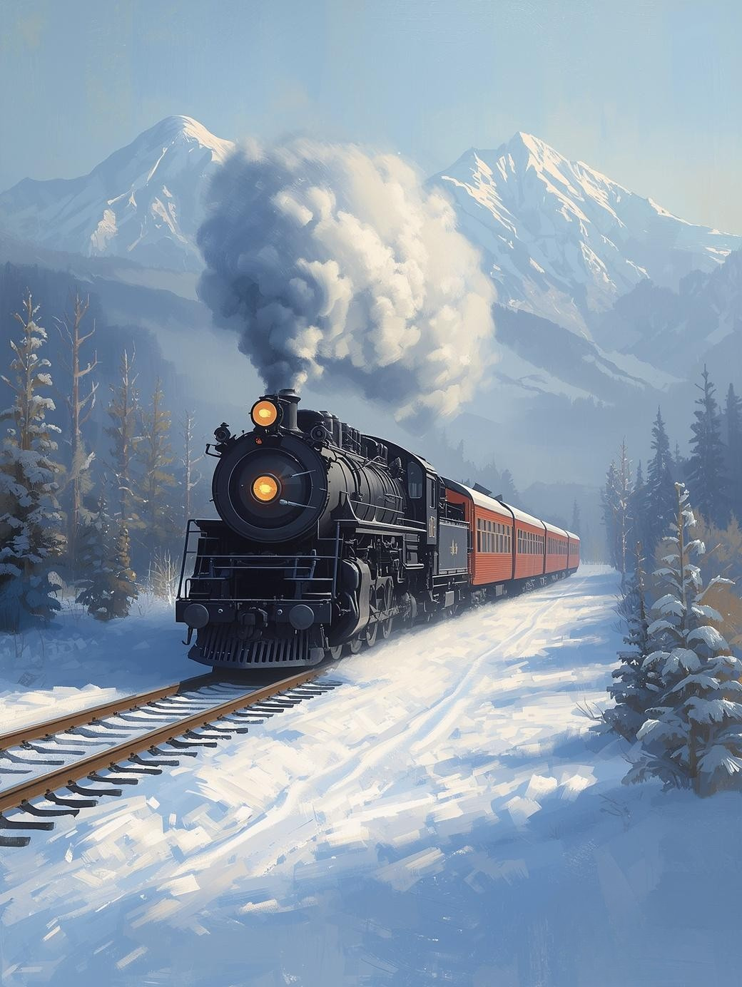 Paint by Number Vintage Locomotive Crossing Frosted Mountain Peaks – Alpine Landscape Canvas DIY Kit for Adults