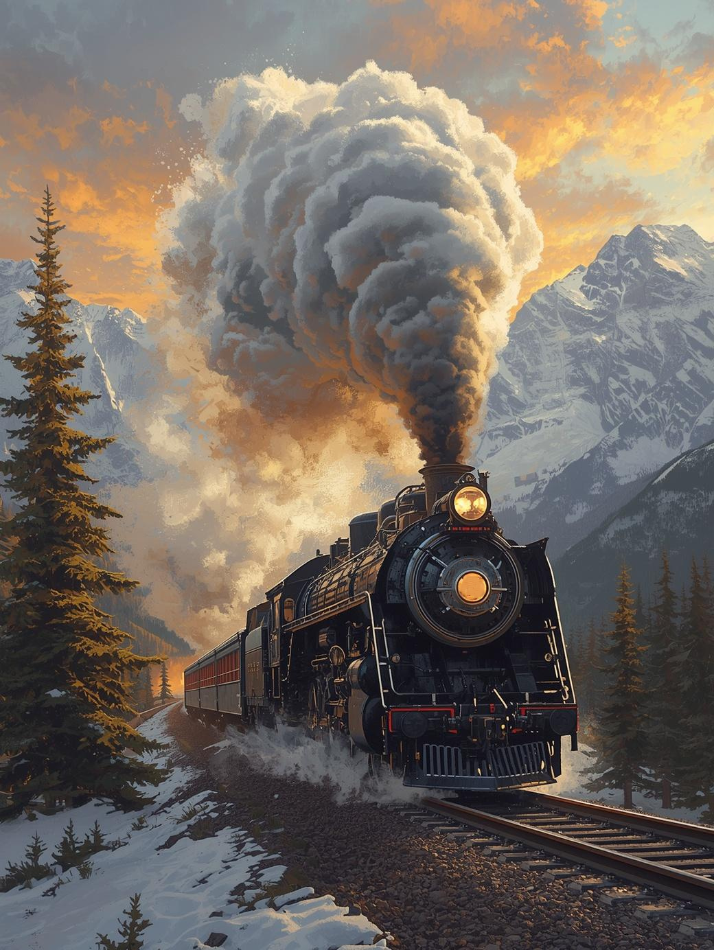 Paint by Number Antique Steam Train Winding Through Icy Mountains – Snowy Peaks DIY Paint Kit for Adults