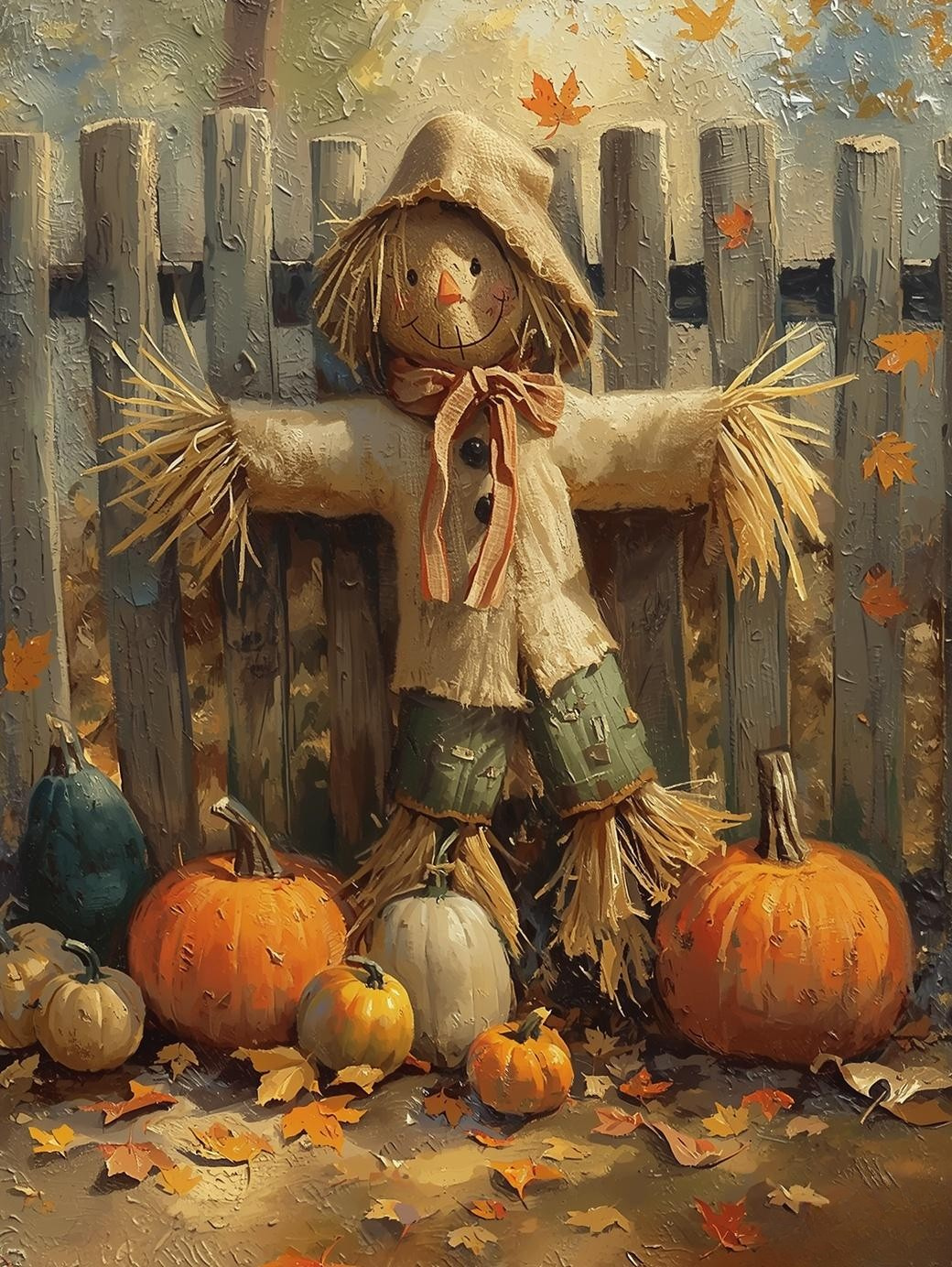 Paint by Number Scarecrow by Wooden Fence with Pumpkins – Rustic Canvas Paint by Number Kit