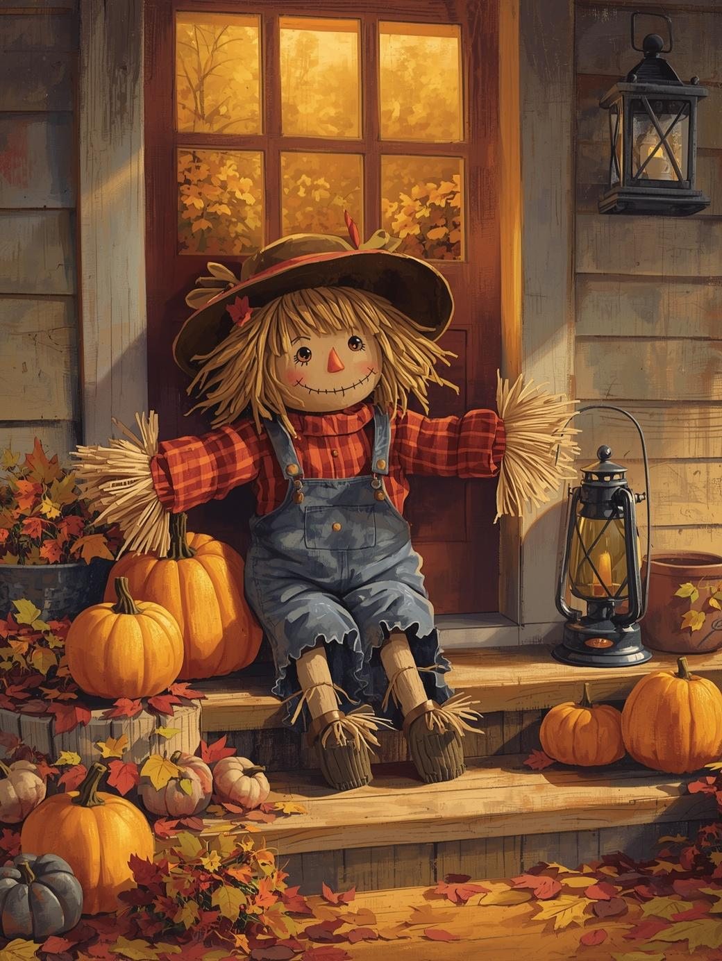 Paint by Number Cute Scarecrow on Cozy Porch – Warm Paint by Number Kit for Adults