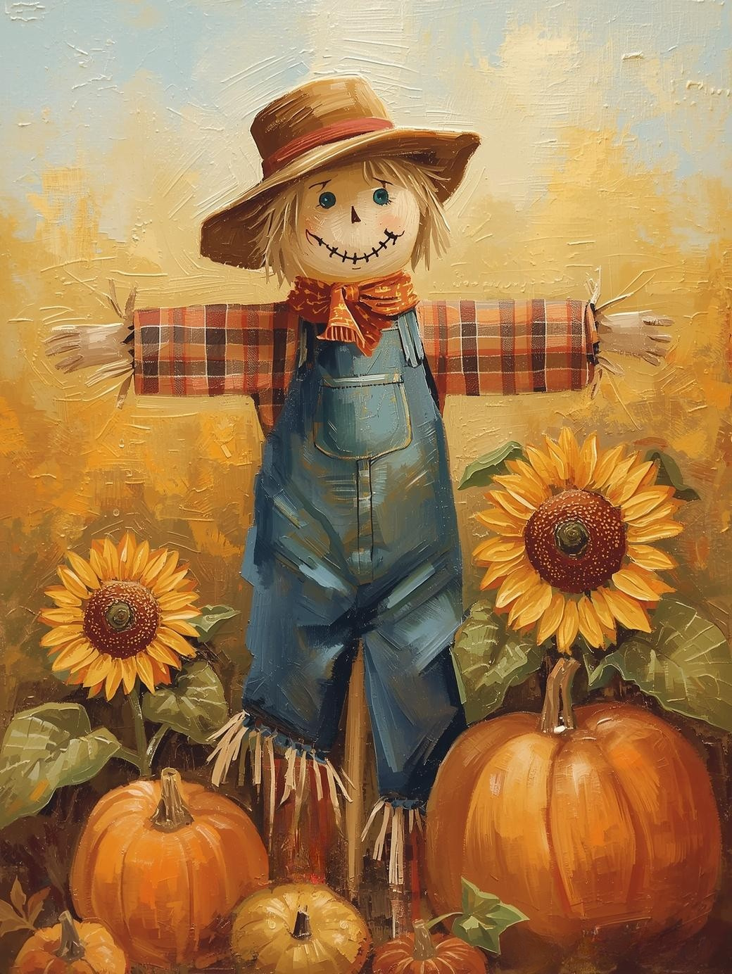 Paint by Number Friendly Scarecrow with Pumpkins – Warm Canvas Paint by Number Kit