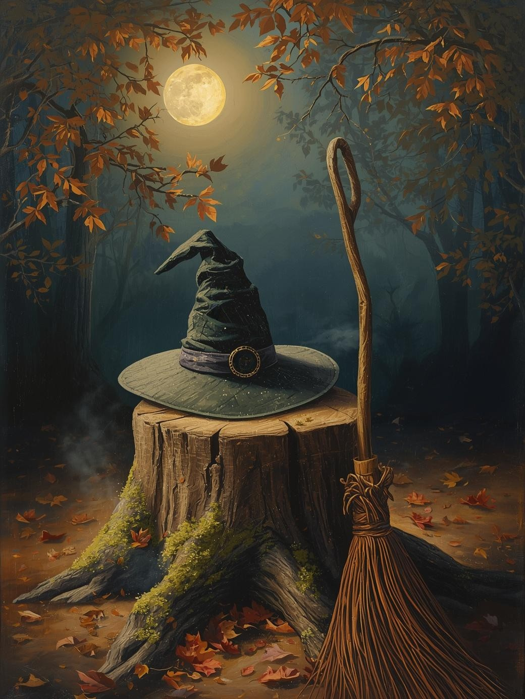 Paint by Number Enchanted Witch Hat in Moonlit Forest – Cozy Paint by Number Kit for Adults