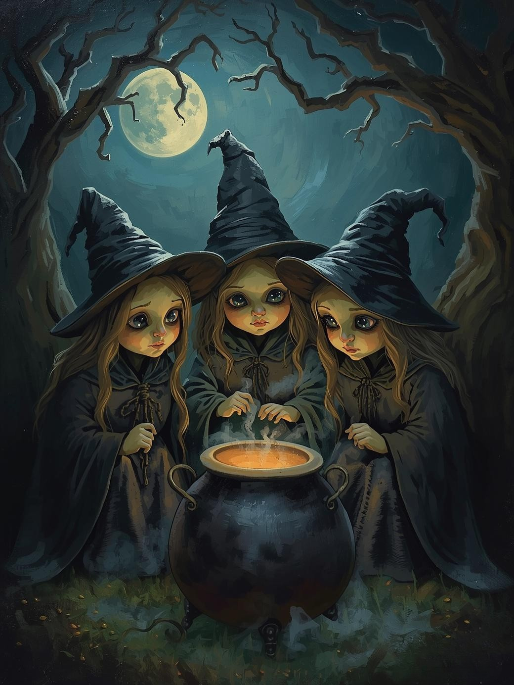 Paint by Number Cute Witch Trio in Enchanted Forest – Cozy DIY Paint by Number Kit for Adults