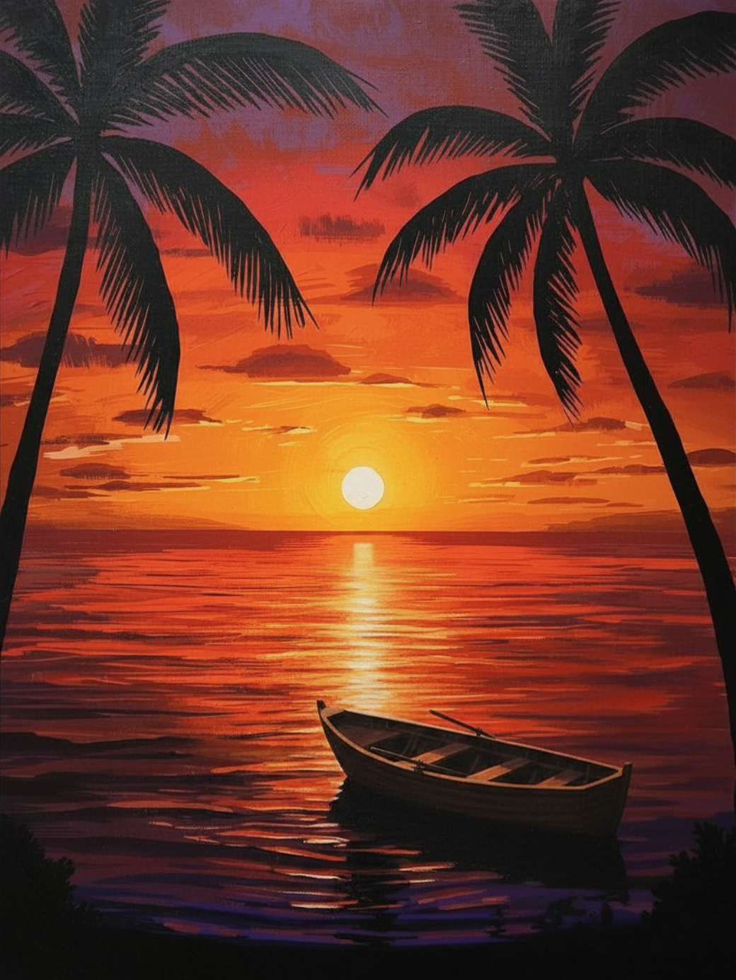 Paint by Number Ocean Sunset with Palm Silhouettes and Rowboat – Paint by Number Canvas Kit
