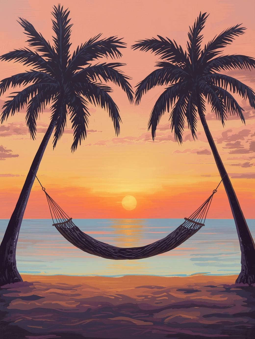 Paint by Number Sunset Beach with Hammock Between Palm Trees – Paint by Number Kit for Adults