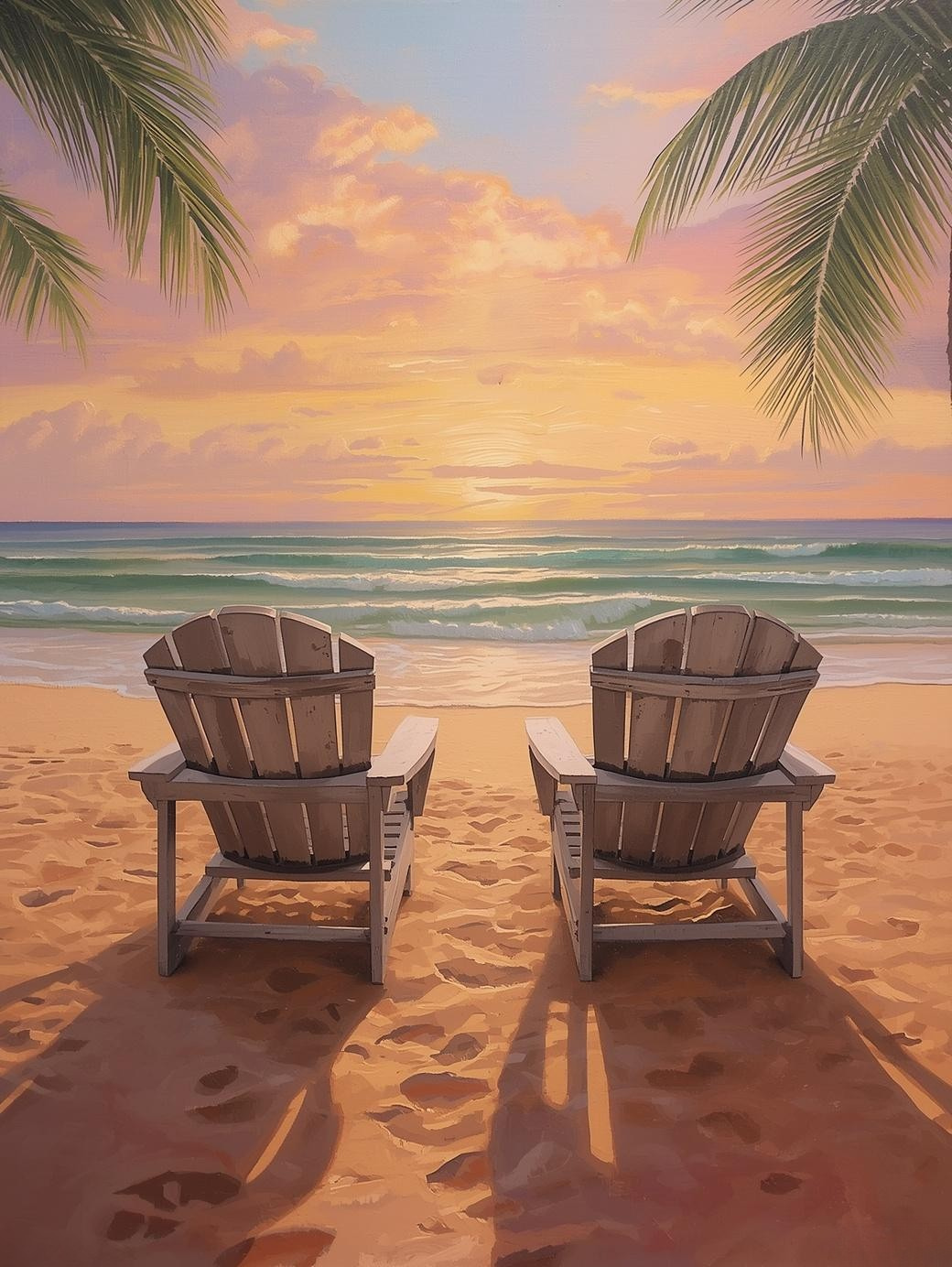 Paint by Number Sunset Beach with Wooden Chairs and Gentle Waves – DIY Paint by Number Kit for Adults