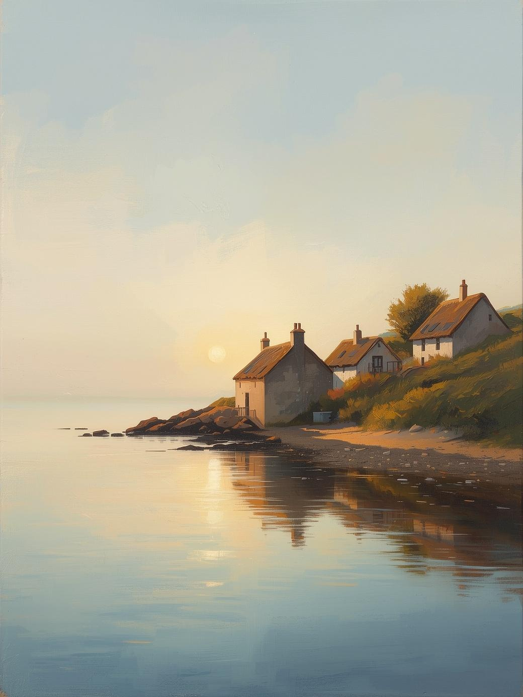 Paint by Number Sunset Coastal Village with Ocean Reflection – Paint by Number Canvas Kit