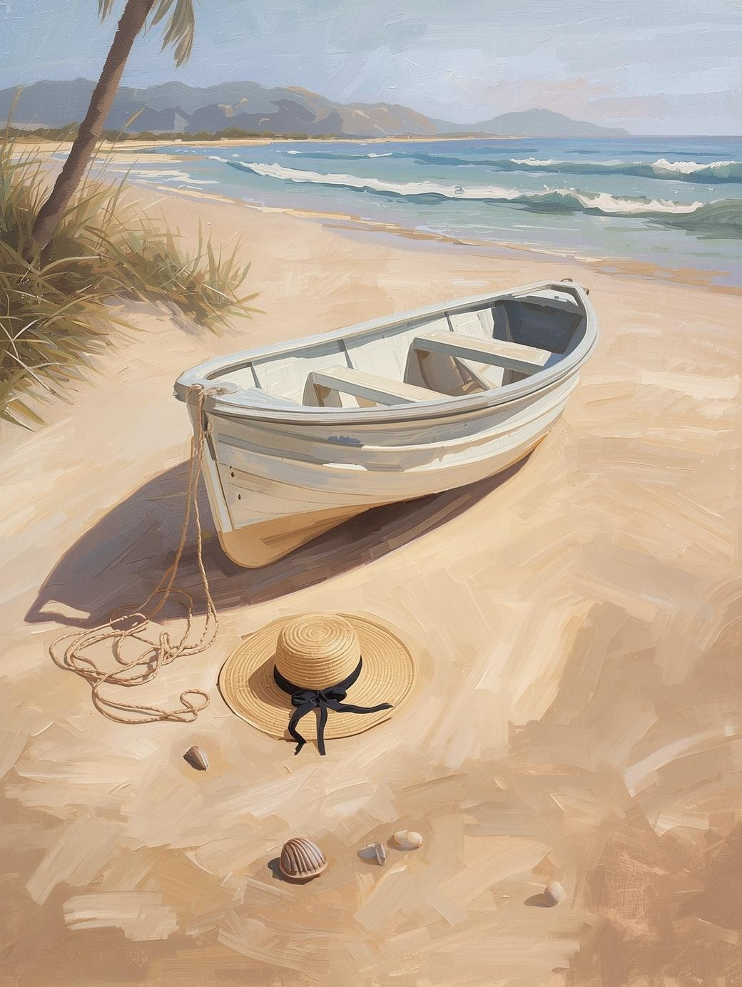 Paint by Number Weathered Rowboat on Sandy Beach with Seashells – DIY Paint by Number Kit