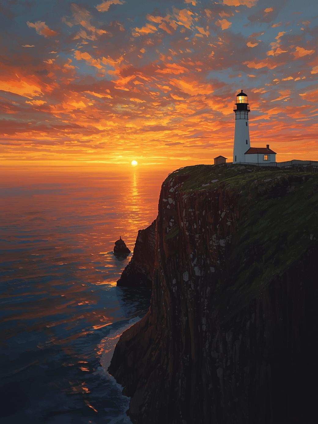 Paint by Number Lighthouse on Coastal Cliffs at Sunset with Ocean View – Paint by Number Art Kit