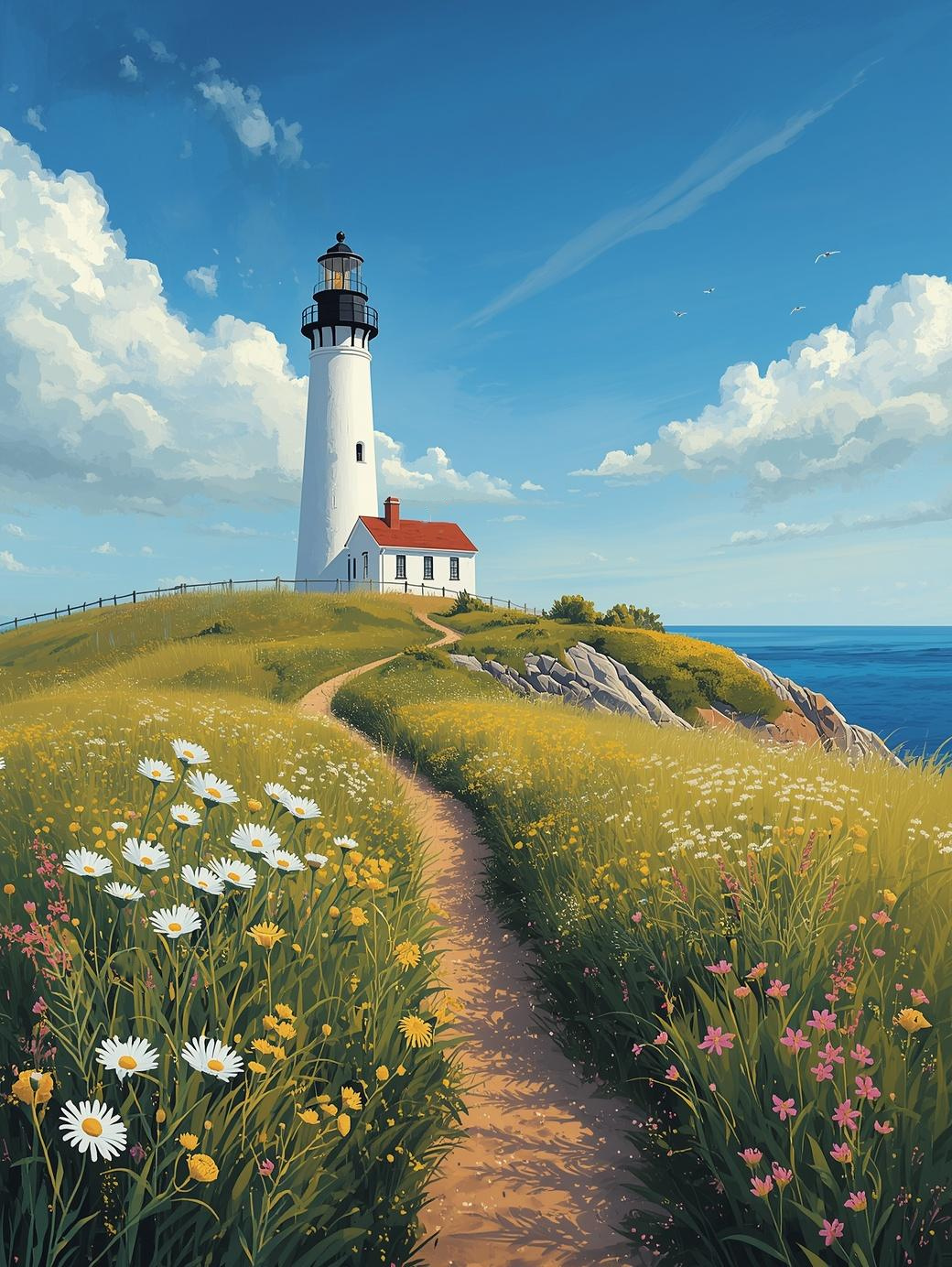 Paint by Number Lighthouse on Flower Field Hill with Coastal Path – Paint by Number Art Kit