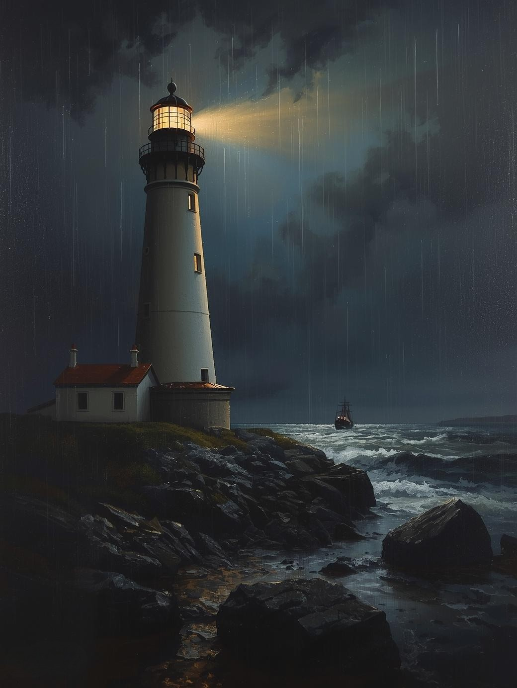 Paint by Number Lighthouse on Rocky Shore in Rain with Distant Ship – Paint by Number Canvas Kit