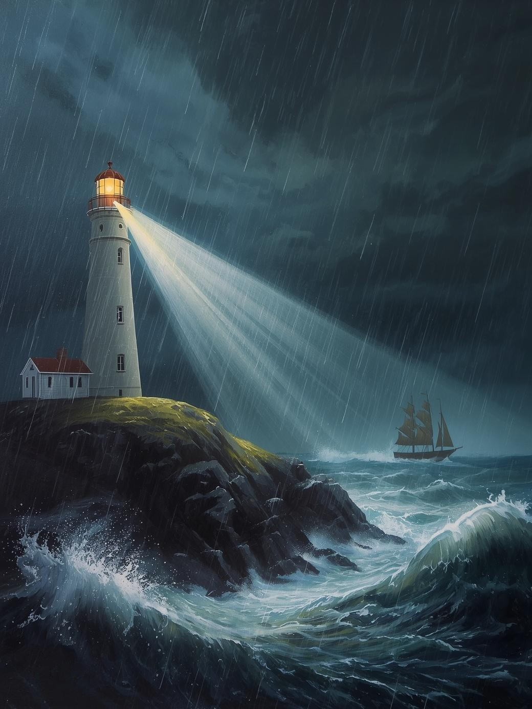Paint by Number Coastal Lighthouse in Rain with Light Cutting Through Ocean Waves – DIY Paint by Number Kit