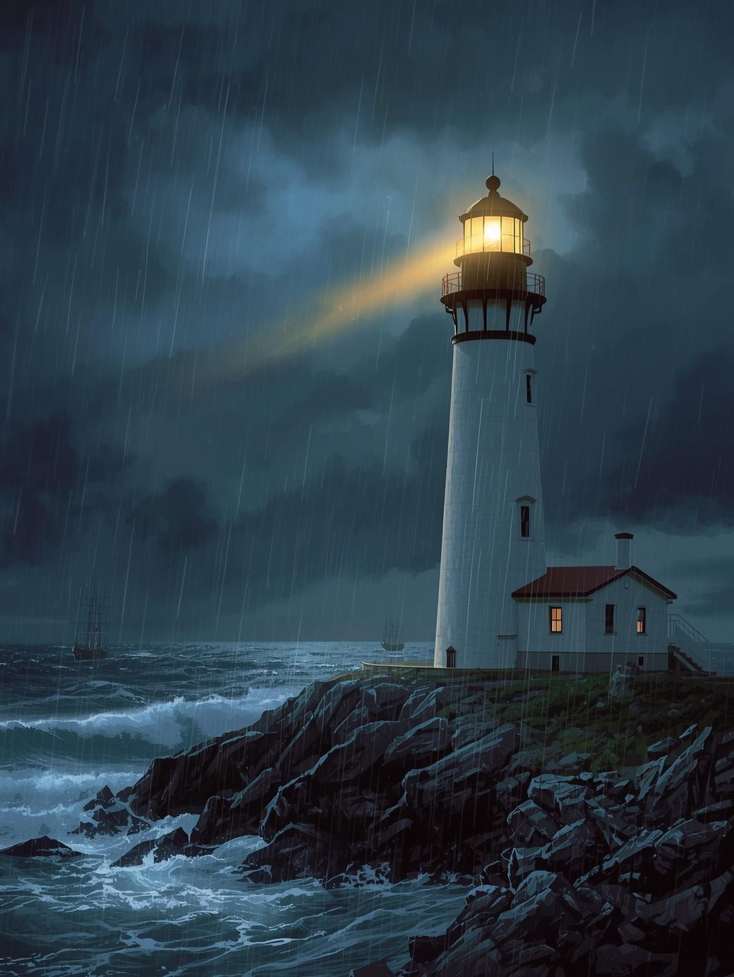 Paint by Number Lighthouse on Rocky Coast with Warm Light in Rainy Skies – Paint by Number Canvas Kit
