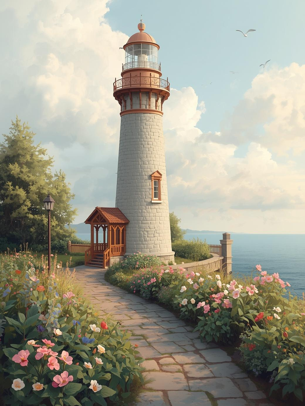 Paint by Number Lighthouse Garden Path with Blooming Coastal Flowers – Paint by Number Kit for Adults