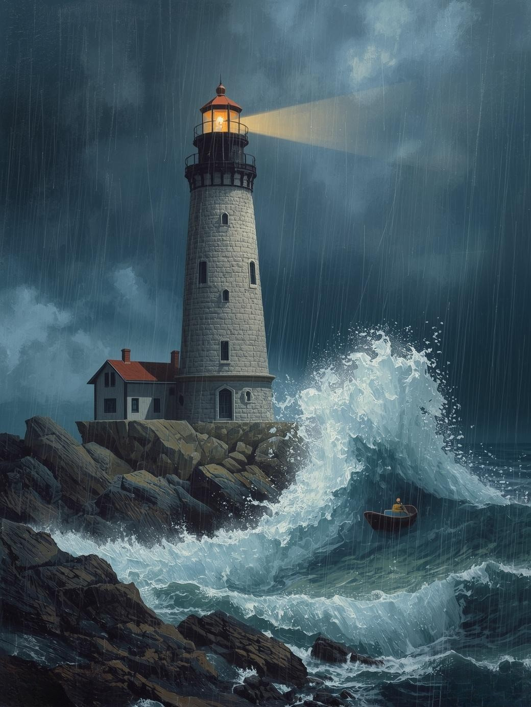 Paint by Number Lighthouse with Crashing Waves and Boat in Rough Seas – Paint by Number Art Kit