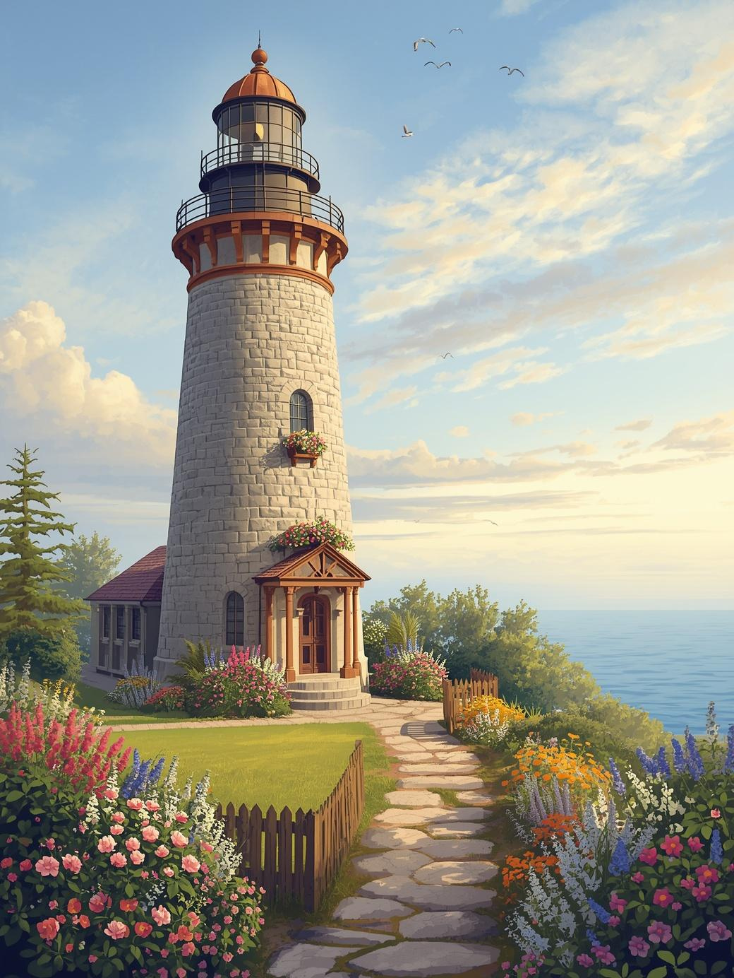 Paint by Number Lighthouse Garden Path with Colorful Coastal Flowers – DIY Paint by Number Kit