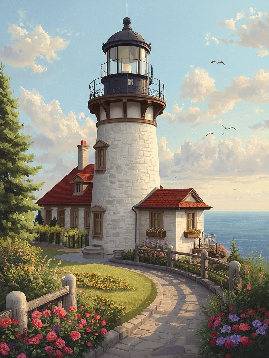 Paint by Number Coastal Lighthouse Home with Flower Garden and Ocean View – Paint by Number Canvas Kit