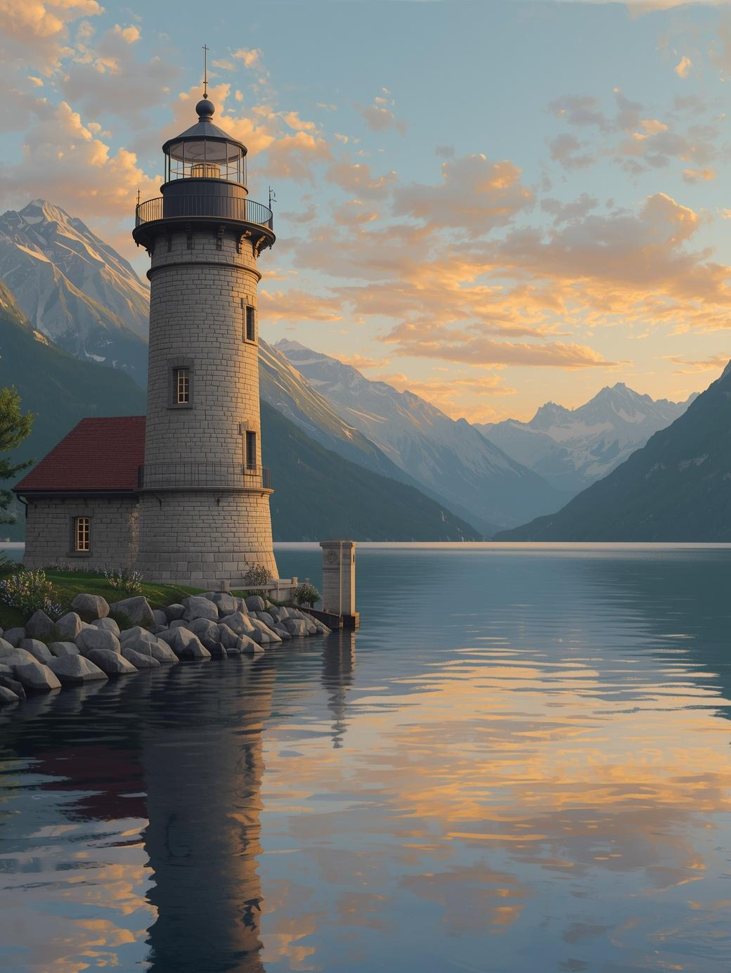 Paint by Number Alpine Sunset Lighthouse with Golden Water Reflections – DIY Art Kit