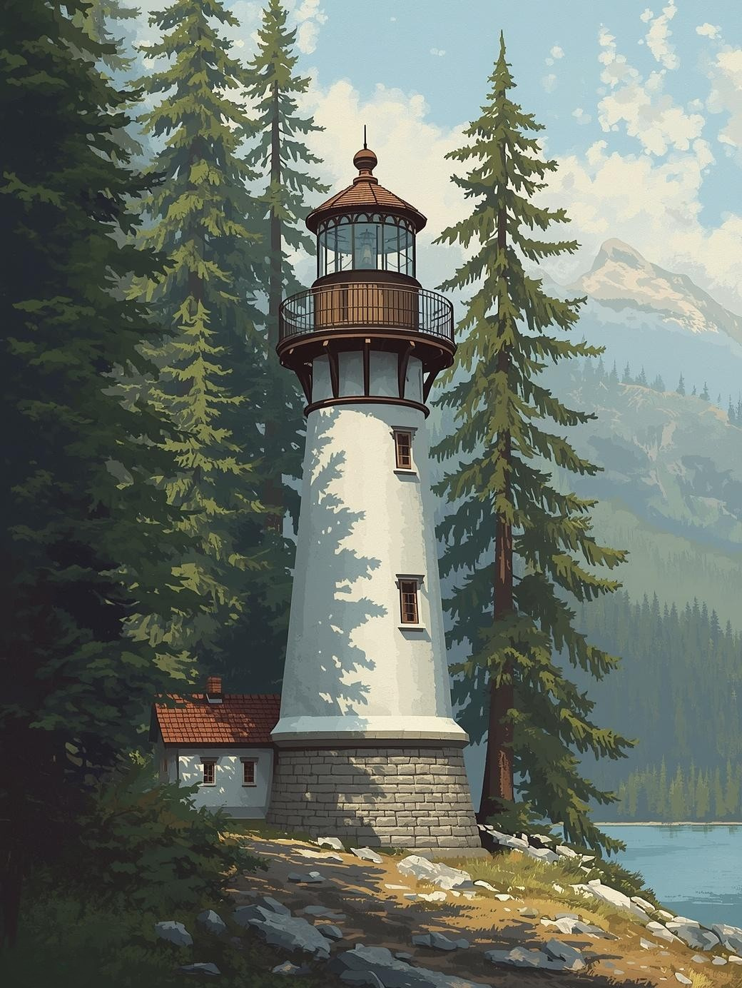 Paint by Number Forest Lighthouse Retreat Surrounded by Pines – Relaxing Paint by Number Kit