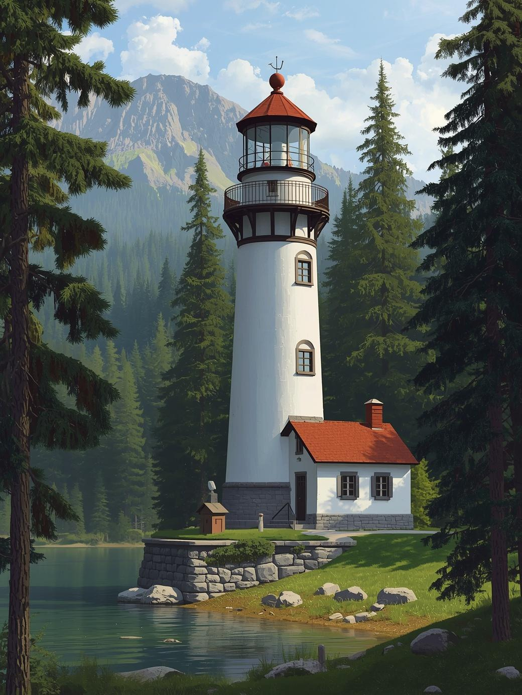 Paint by Number Mountain Lake Lighthouse with Serene Evergreen Landscape – DIY Painting Kit