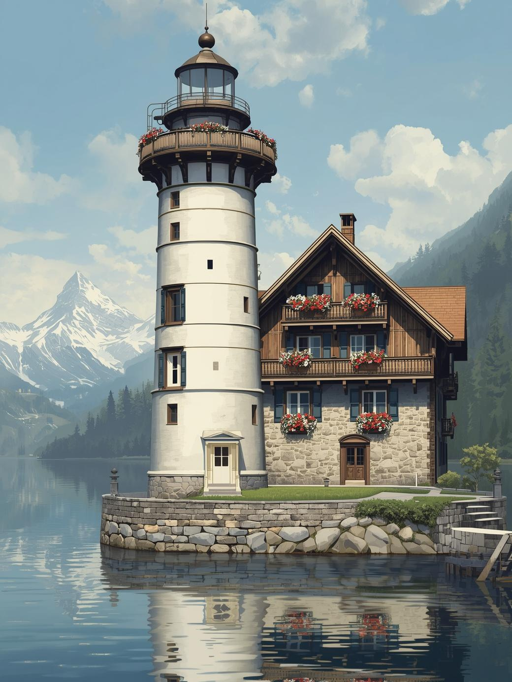 Paint by Number Lakeside Lighthouse Chalet with Alpine Reflections – Premium Canvas Kit