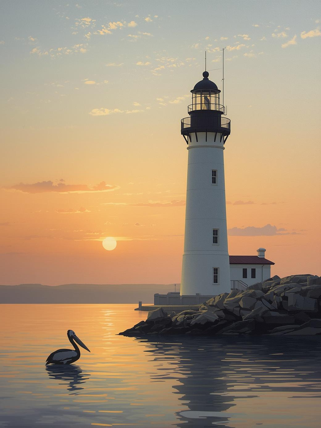 Paint by Number Sunset Harbor Lighthouse with Coastal Pelican – Relaxing Art Kit