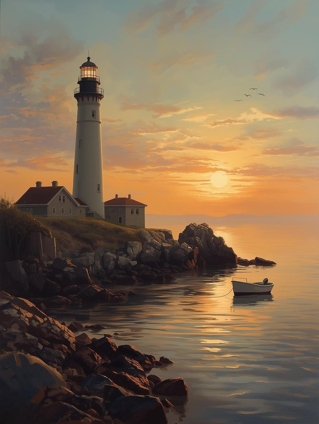 Paint by Number Sunset Cove Lighthouse with Quiet Fishing Boat – Relaxing Art Kit