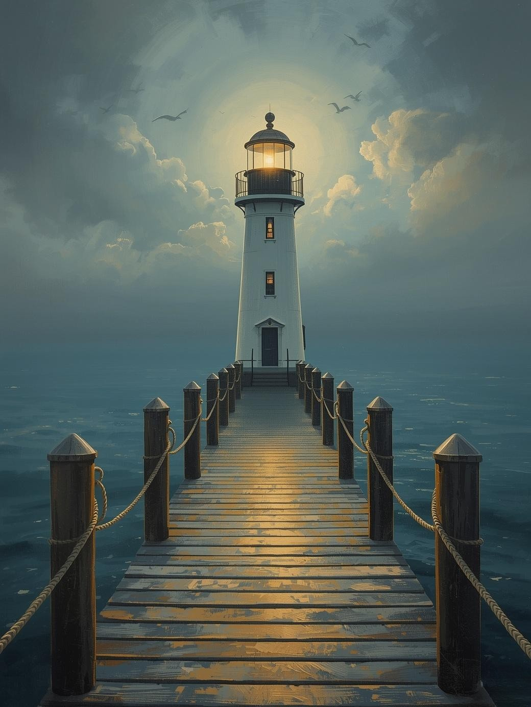 Paint by Number Pier Lighthouse with Glowing Light at Dusk – DIY Canvas Kit for Adults