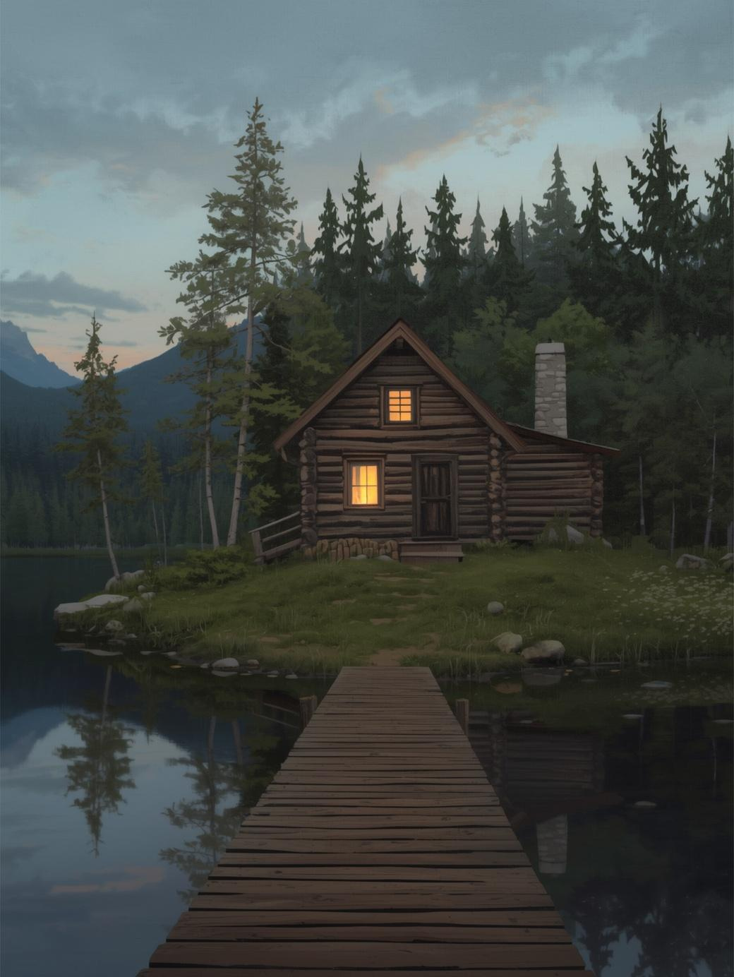 Paint by Number Rustic Mountain Cabin at Dusk - DIY Canvas Paint by Number Kit