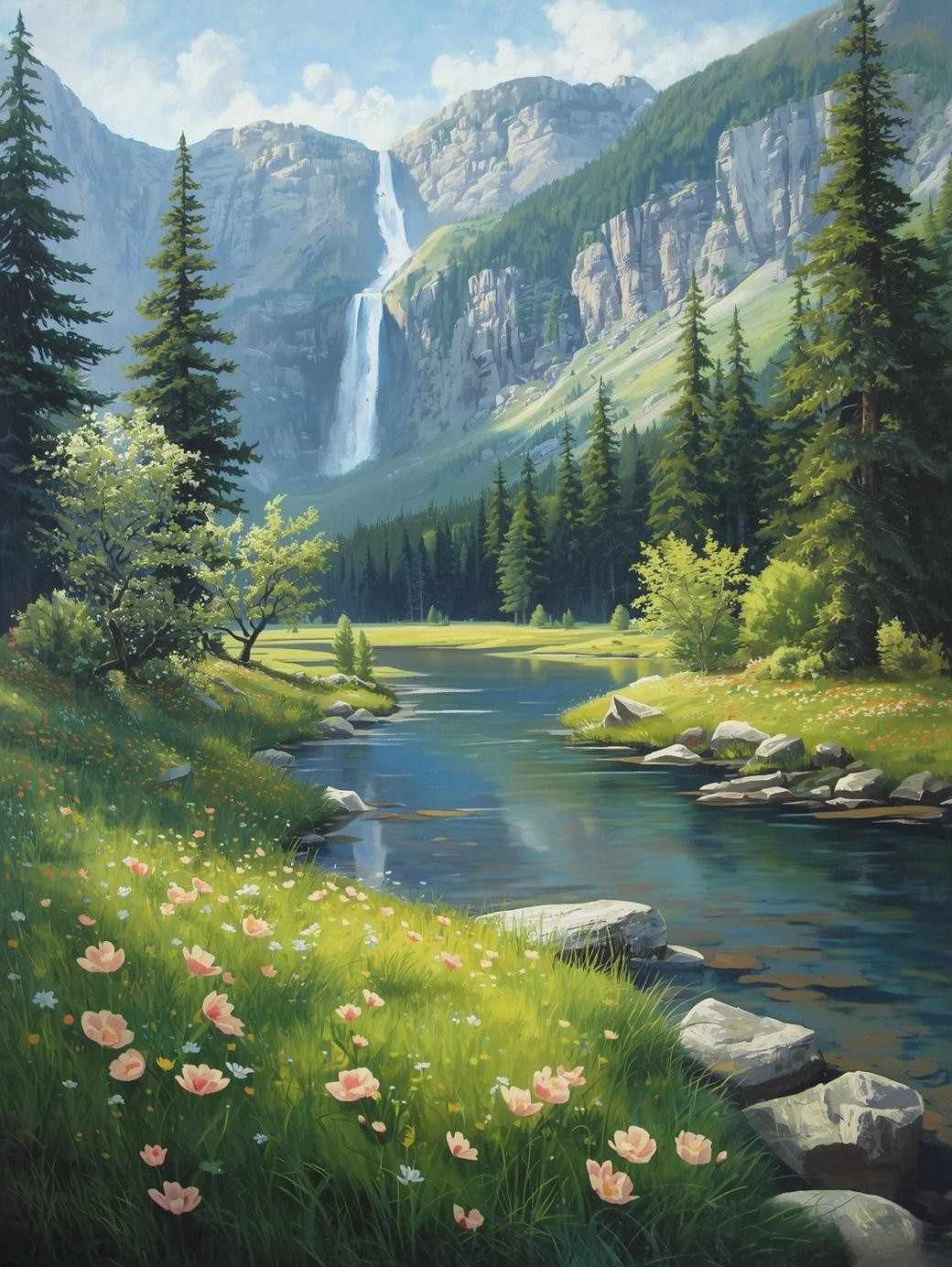 Paint by Number Mountain Valley Waterfall Scene - DIY Paint by Number Kit
