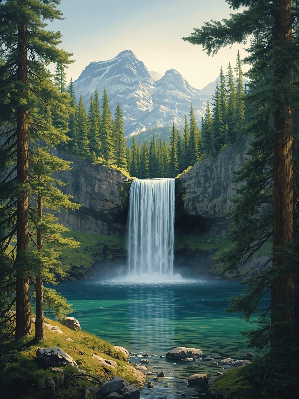 Paint by Number Mountain Waterfall in Pine Valley - DIY Canvas Paint by Number Kit