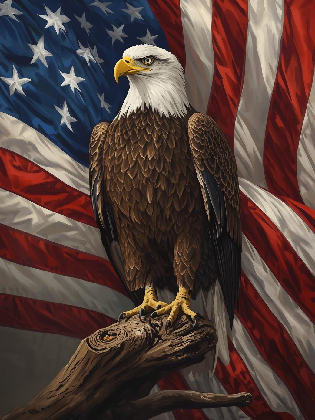 Paint by Number Bald Eagle Perched on Branch with American Flag Backdrop - Paint by Number Kit for Adults