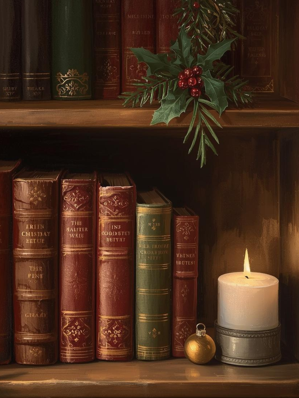 Paint by Number Christmas Bookshelf with Candle and Holly Decor – Paint by Number Canvas for Adults