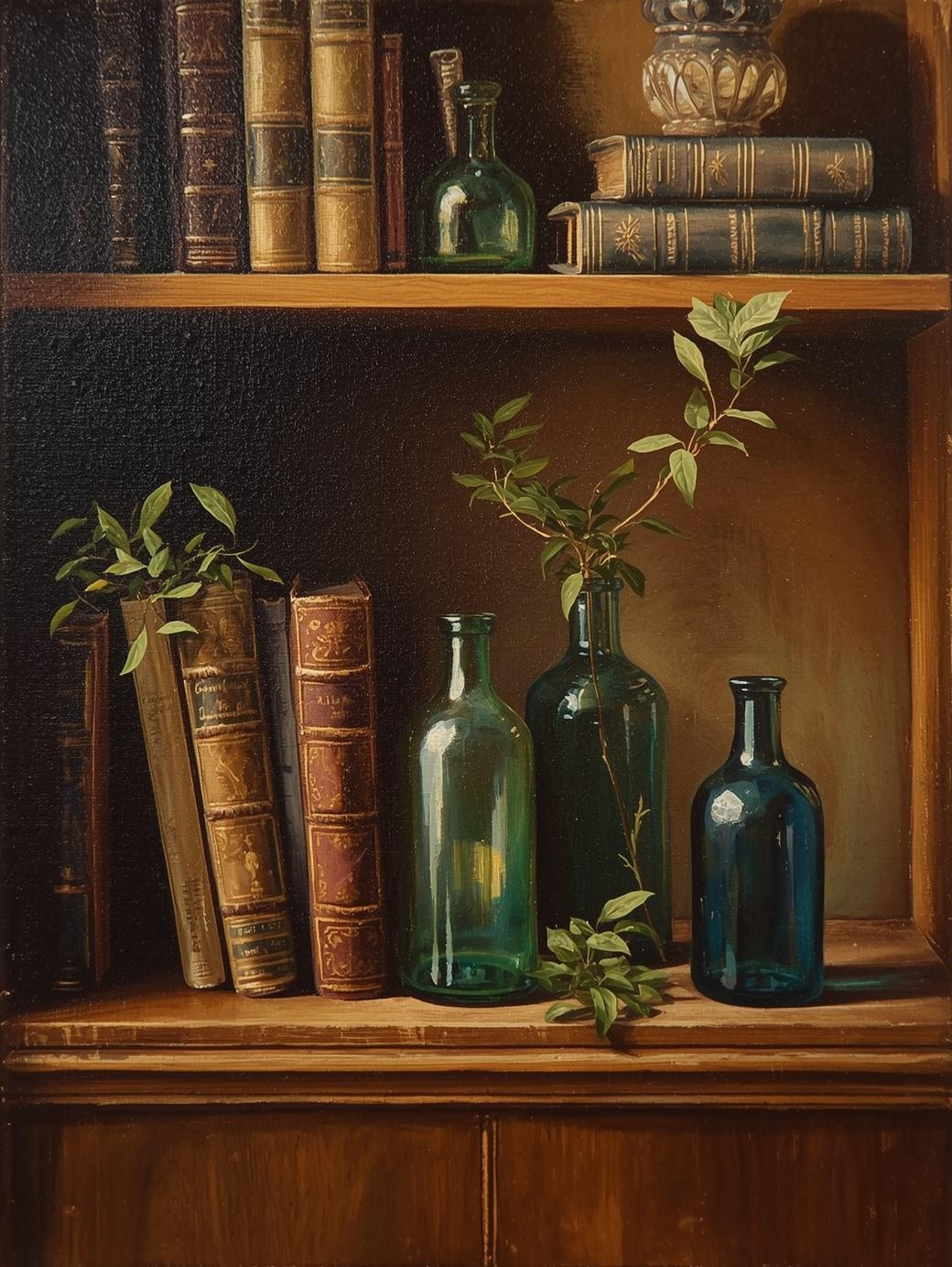 Paint by Number Vintage Bookshelf with Glass Bottles and Greenery – DIY Paint by Numbers Kit for Adults