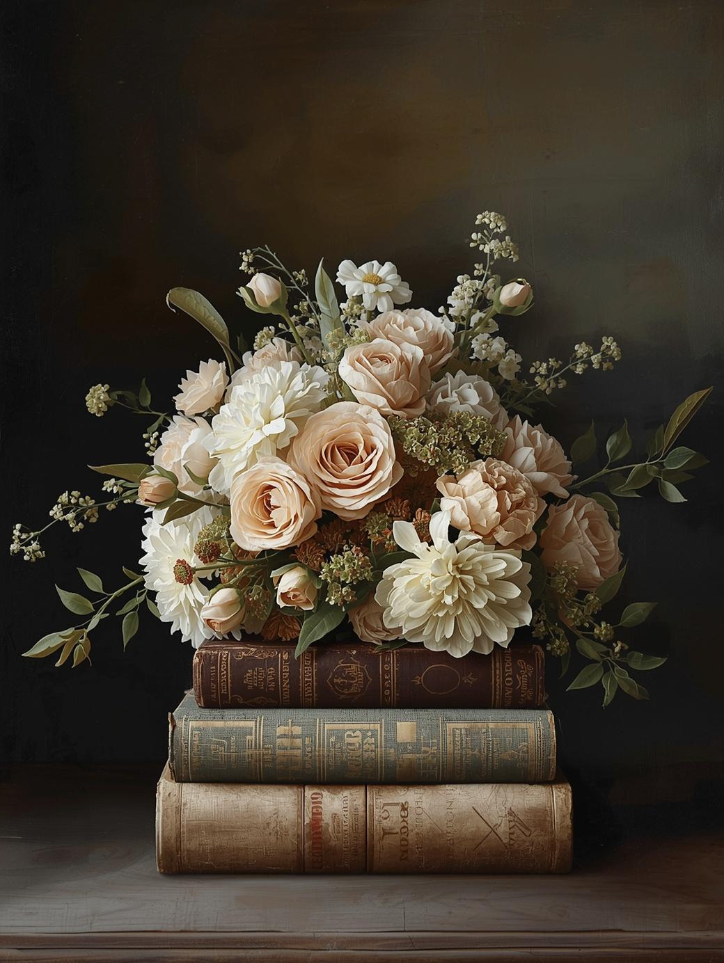 Paint by Number Elegant Floral Bouquet on Antique Books – Adult Paint by Number Art Kit