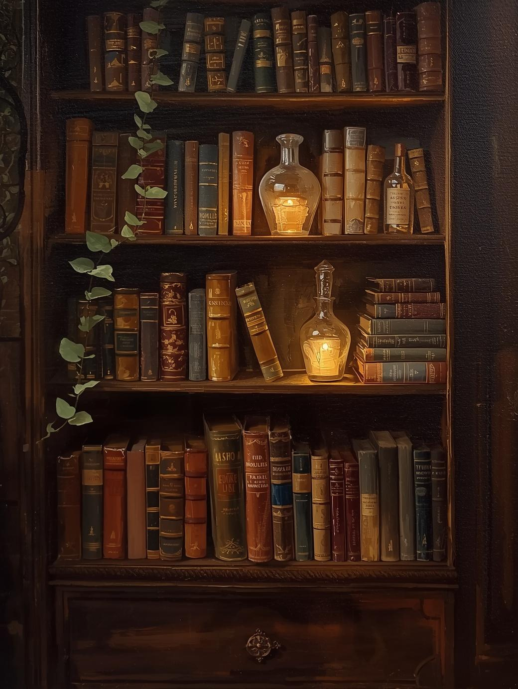 Paint by Number Cozy Library Shelf with Warm Candlelight – DIY Paint by Numbers Kit for Adults