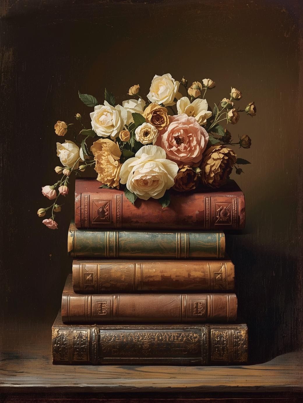 Paint by Number Vintage Books with Soft Floral Arrangement – Elegant Paint by Numbers Kit for Adults