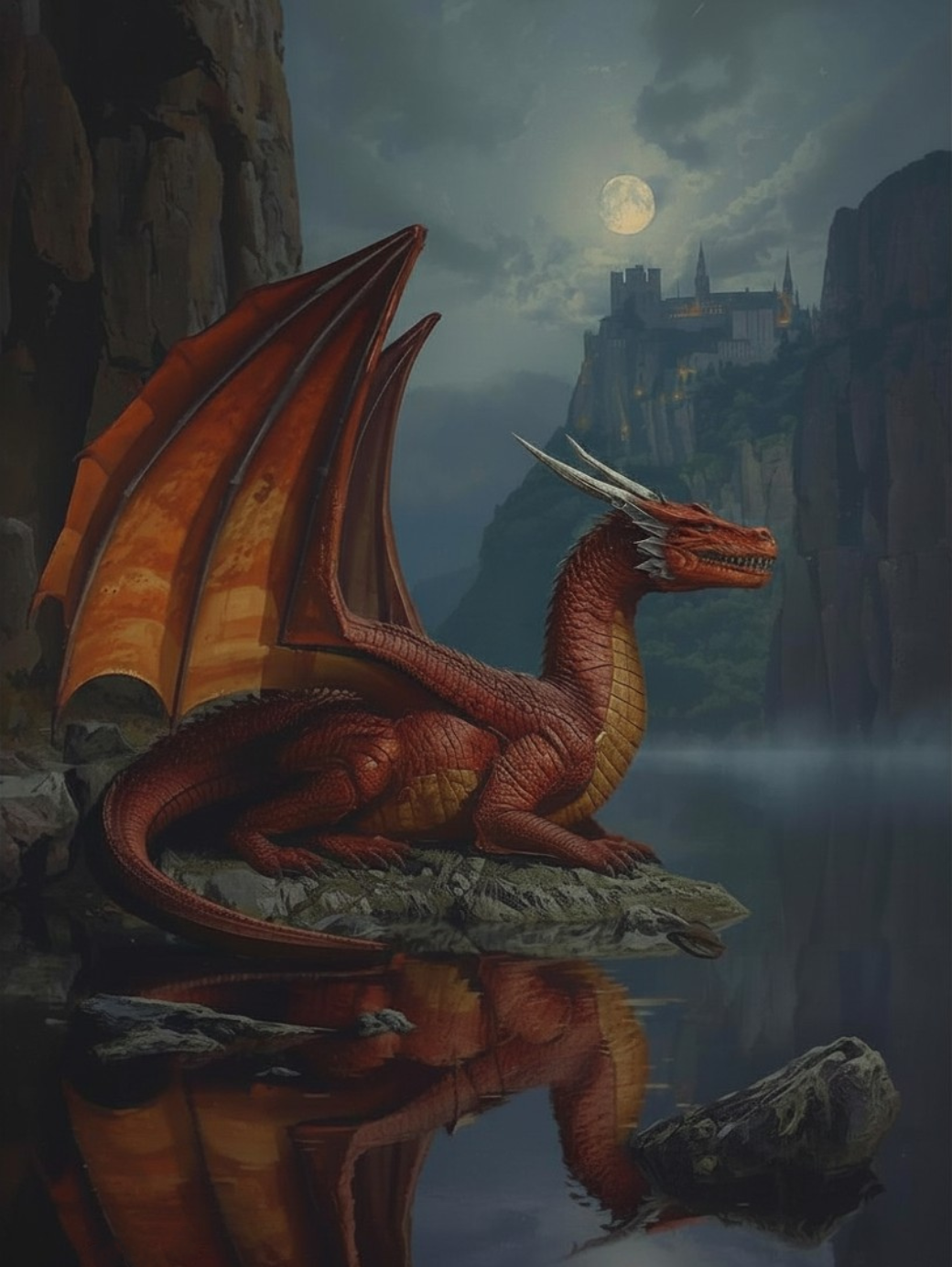 Paint by Number Crimson Dragon by the Moonlit Lake – DIY Painting Kit for Adults