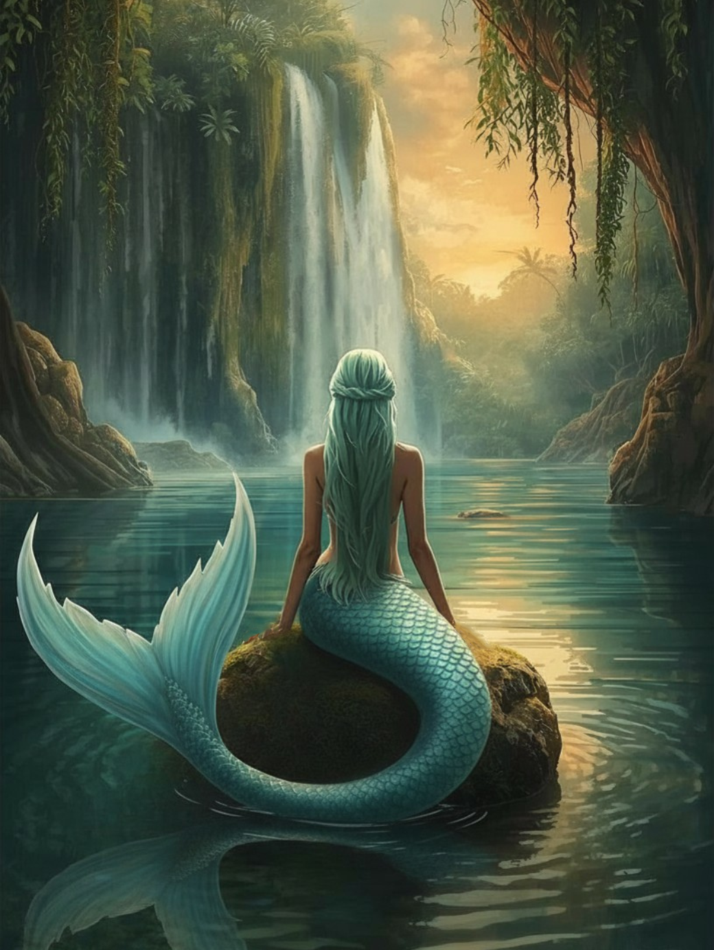Paint by Number Mermaid at the Tropical Waterfall - Canvas Kit for Adults