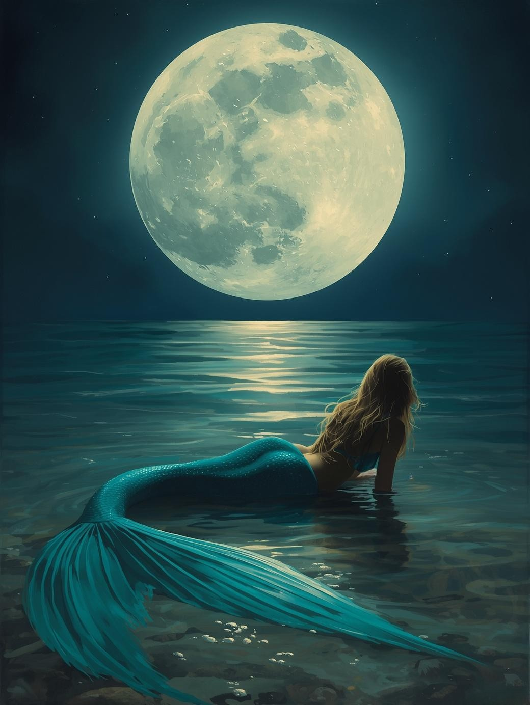 Paint by Number Moonlit Mermaid Resting in the Ocean - Painting Canvas for Adults