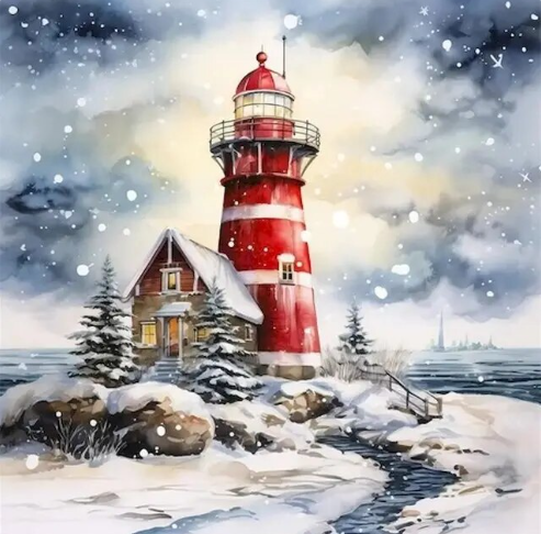 Paint by Number Winter Wonderland Coastal Lighthouse