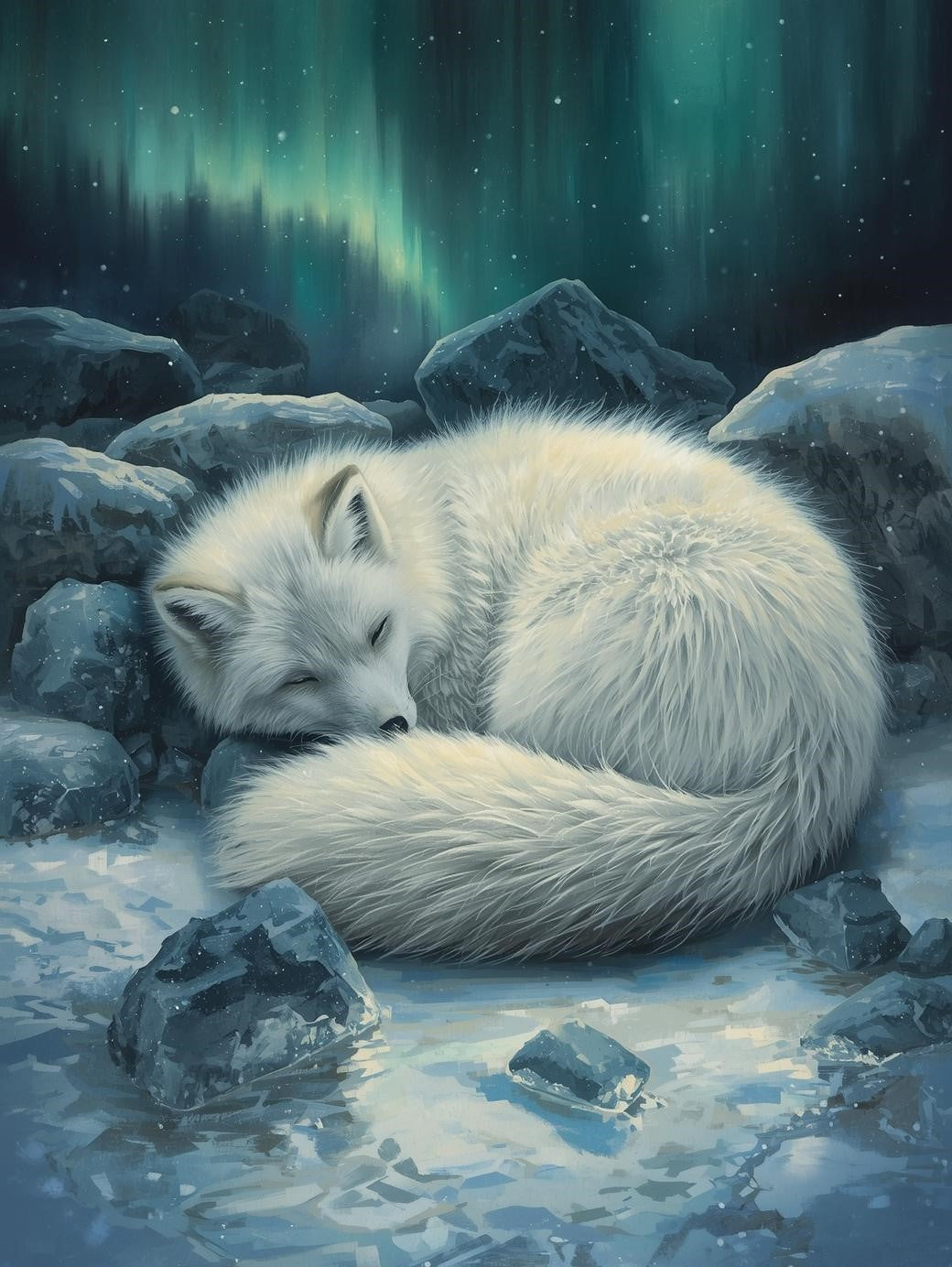 Paint by Number Sleeping Arctic Fox Beneath Northern Lights - Acrylic Paint by Number Kit
