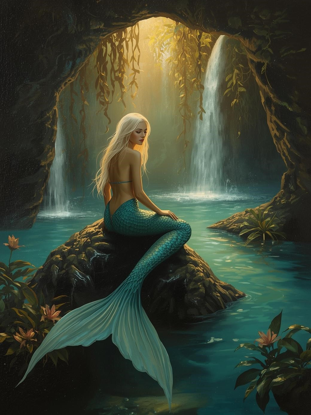 Paint by Number Mermaid in a Hidden Waterfall Lagoon - DIY Canvas Art Kit