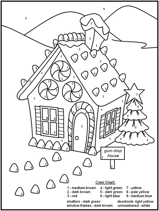 Free Color By Number  Gumdrop Lane and Gingerbread House